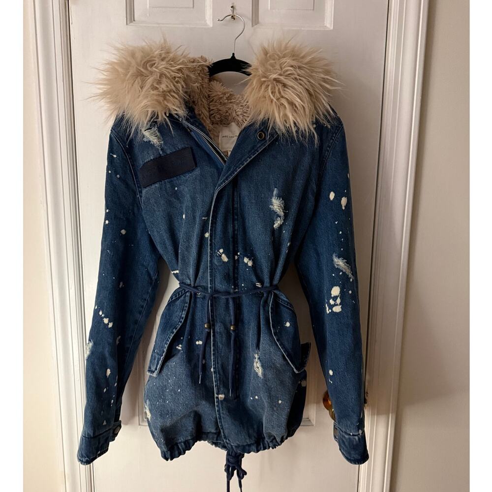 Avec Les Filles Distressed Denim Coat w/ Removable Faux Fur Small (Oversized)